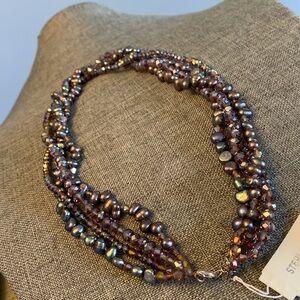 New Elegant 925 Purple Pearls & Crystal Beaded Necklace